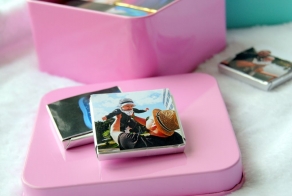 Candies with photos in a metal box