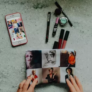 suede cosmetic bag with pictures